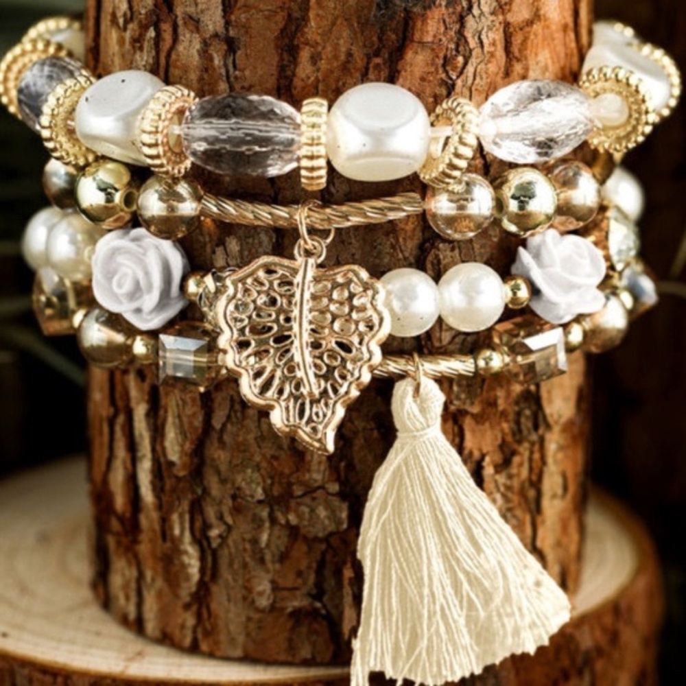 Layered Bohemian Beaded Fringed 4 Piece Bracelets